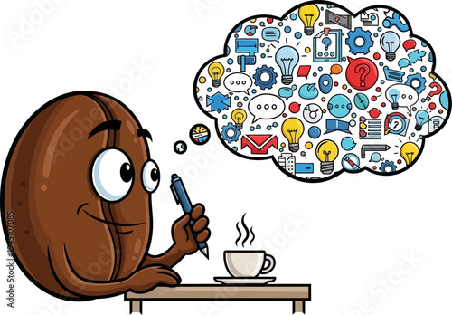 Brainstorming coffee bean character with many thought bubbles