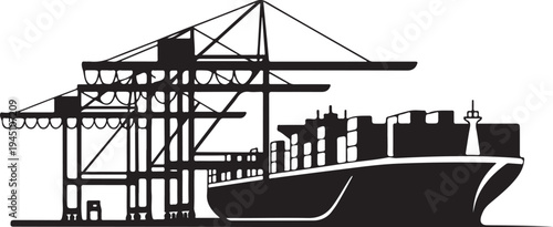 Black silhouette cargo ship with containers and port crane