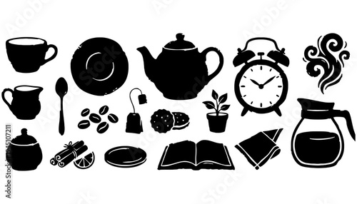 Coffee coffee silhouettes with tea and breakfast items illustration