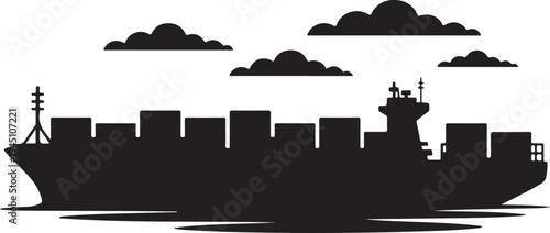 Black silhouette cargo ship with containers on deck and clouds