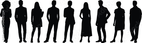 Diverse group of male and female silhouettes standing in a line on white background Keywords: silhouette, people, standing