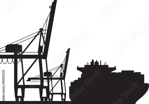 Black silhouette cargo ship dockyard cranes