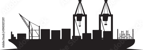 Black silhouette cargo ship with cranes and containers