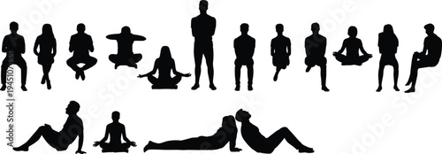 Diverse Human Silhouettes in Various Poses and Activities on White Background people woman