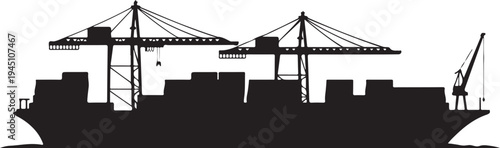 Black silhouette cargo ship with cranes and containers
