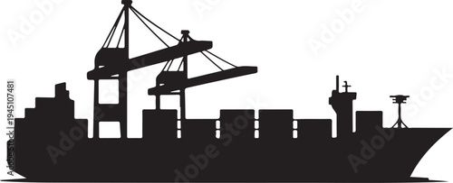 Black silhouette cargo ship with cranes and containers
