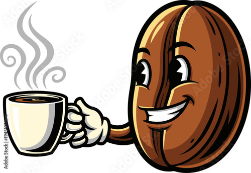 Cheerful coffee bean character holding a steaming mug