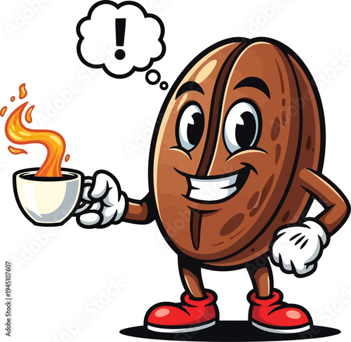 Coffee bean character holding a steaming espresso cup