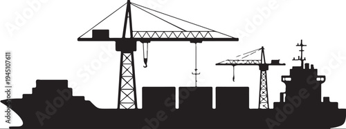 Black silhouette cargo ship with cranes and containers