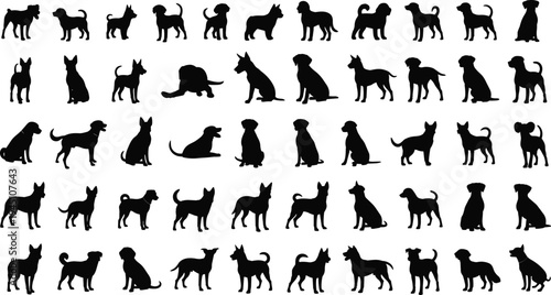 Diverse silhouettes of dogs in various poses and breeds