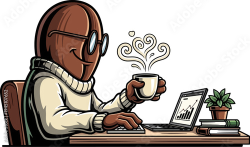 Coffee bean character working on laptop at office desk