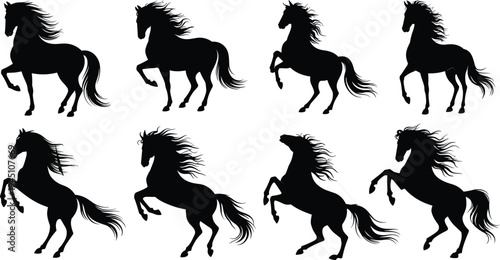Dynamic Black Silhouette Collection Of Horses In Various Poses On White Background isolated