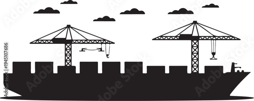 Black silhouette cargo ship with cranes and containers under clouds