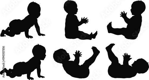 baby silhouette collection, crawling sitting playing infant poses, black child shadow set, newborn activity stages illustration isolated white background