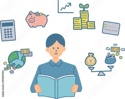 お金について学ぶ男性のイラスト