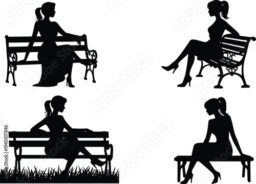 Silhouette women sitting on benches, ponytail female crossed legs, casual fashion dress high heels, relaxed posture vector illustration art