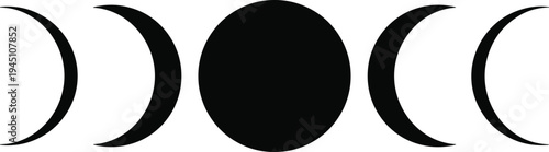 moon phases silhouette set, lunar cycle crescent to full moon sequence, astronomy celestial illustration black isolated design