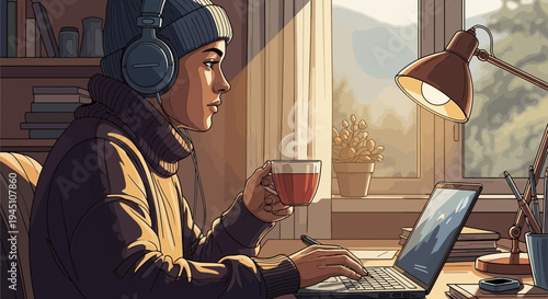 Cozy freelancer typing on computer by sunny window