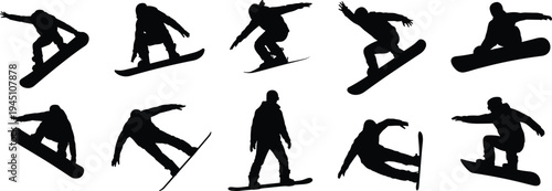 Dynamic Snowboarder Silhouettes in Mid- Air Action Poses on White Background snowboarding winter