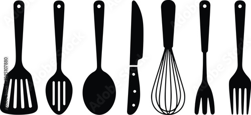 Kitchen utensil silhouette icons for cooking and food preparation