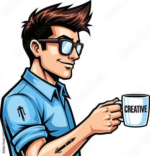 Creative man holding a mug with text