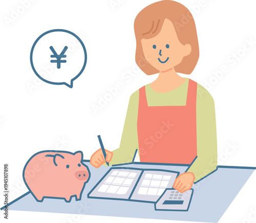 家計簿をつける女性のイラスト