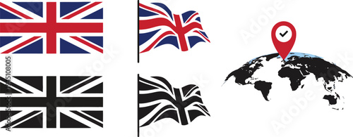 United Kingdom flag icon set with a global location marker
