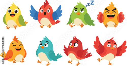 Cute Cartoon Bird Character Set with Funny Emotions and Expressions, Colorful Baby Bird Mascot Collection for Kids Illustration, Stickers, Animation and Vector Design