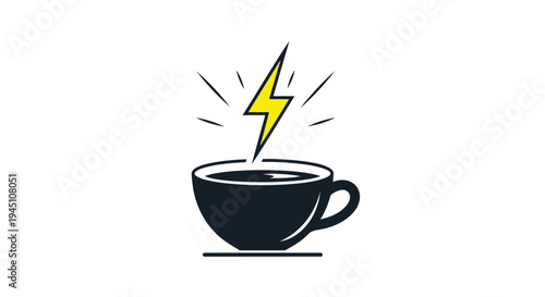Minimalist Black Coffee Cup Vector Icon with Yellow Lightning Bolt Isolated on White