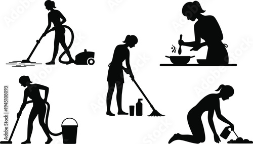 household chores woman silhouette set, cleaning vacuuming mopping cooking gardening activities, domestic work black illustration isolated background