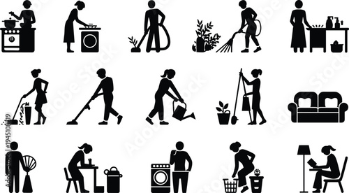 household chores people silhouette icons set, domestic activities cleaning cooking gardening laundry home routine black illustration collection isolated