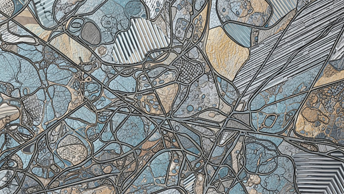 Microscopic view of a complex patterned surface with various shapes and colors.