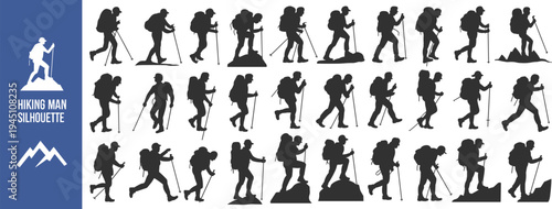 Extensive collection of hiking man silhouettes in various actions and terrains hiker trekking