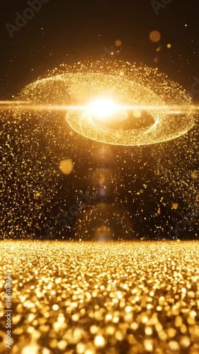 Golden particles swirl and glow in a dark abstract background