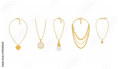 Elegant gold feminine necklace vector collection with pendants jewelry set isolated on white