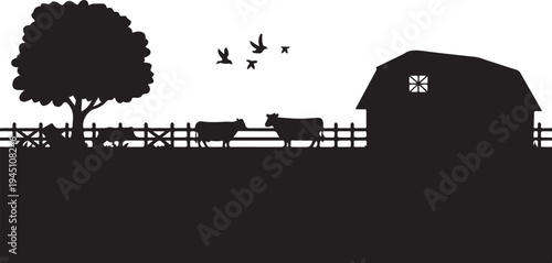 Black silhouette farm scene with barn cows tree and birds