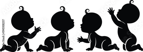 baby crawling silhouette set, cute infant toddler poses illustration, child development movement stages black silhouette collection isolated background