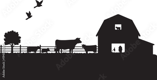 Black silhouette farm scene with barn cows and birds
