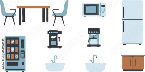 Office kitchen illustration with appliances and furniture vector icons set
