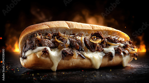 A classic Philly cheesesteak sandwich featuring tender grilled beef, melted cheese, and caramelized onions, all nestled in a toasted hoagie roll