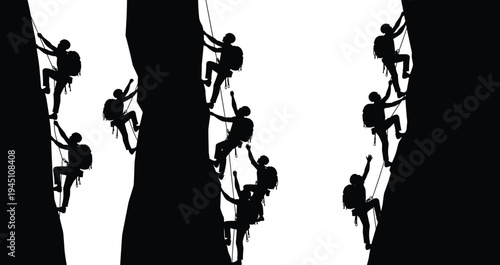 Climbers ascending a towering rock face with varying techniques and progress