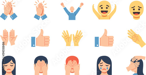 Human emotions and hand gestures icons set applause happiness crying sadness reactions emoji feelings vector illustration collection