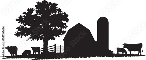 Black silhouette farm scene with barn silo tree and cows