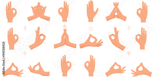 Hand yoga mudra gestures set meditation spiritual finger poses mindfulness relaxation symbols isolated vector illustration collection