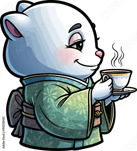 Elegant cat character wearing traditional green kimono