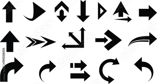 arrow icon collection set, directional arrows symbols pack with curved straight navigation signs minimalist black arrow design elements
