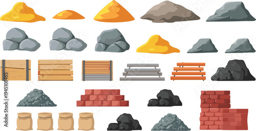 Construction materials icon set, sand gravel rocks bricks wood planks coal piles cement sacks, building resources illustration collection