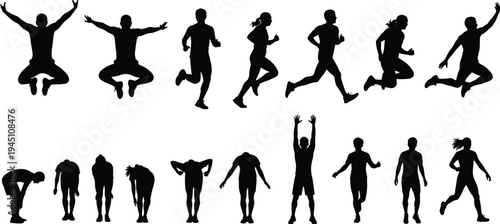 Dynamic silhouettes of people performing various joyful and athletic movements.