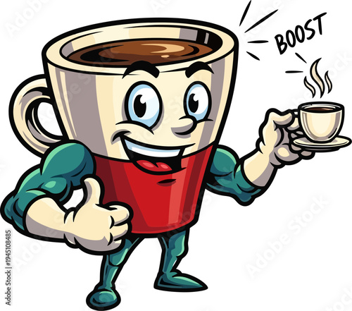 Energetic coffee cup mascot with muscular arms