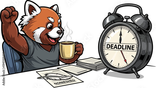 Enthusiastic red panda celebrating deadline success with coffee